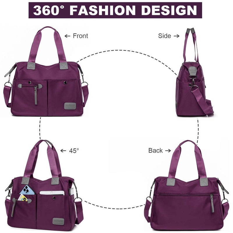 YouNuo Women's Tote Bag with Multiple Pockets & Zipper, Nylon, Purple 1 - Image 2